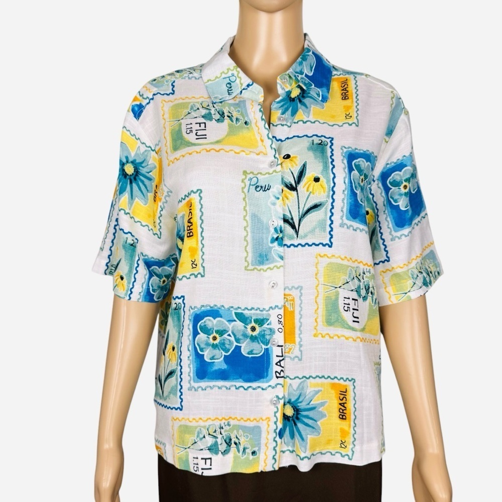 NWT New Jane and Delancey Post Stamps Rayon Linen Short Sleeve Shirt Size M